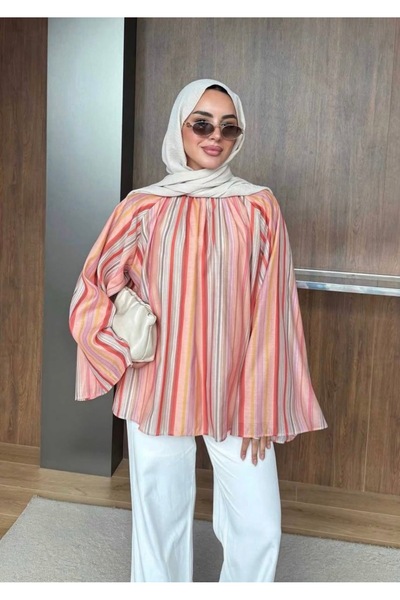 Bahar Altundemir Kadın Çizgili Yarasa Kol Salaş Rengarenk Tunik