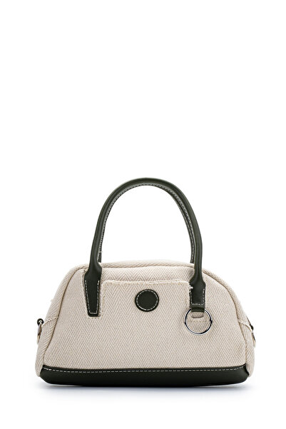 minebag Silver Ring Detailed Women's Crossbody Bag Plain Linen Khaki