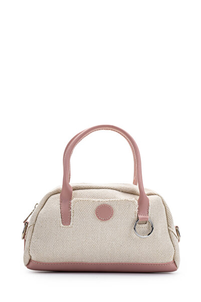 minebag Silver Ring Detailed Women's Crossbody Bag Plain Linen Powder
