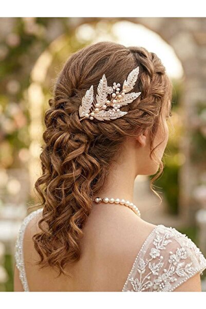 Generic Brand Gold Metal Leaf Motif Zircon Stone Bridal Hairpin - Handmade Pe...
