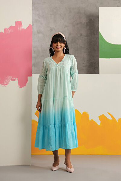 PRIYA'S PANACHE Cotton Mulmul Embroidered Ombre Dress for Women – Indian Ethn...