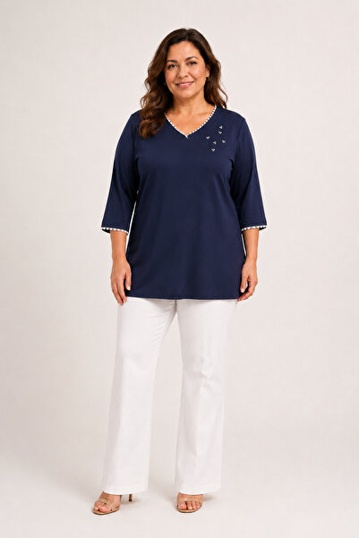 bihan store Women's V-Neck Beaded Knitwear Ges Sleeve Blouse-Navy Blue