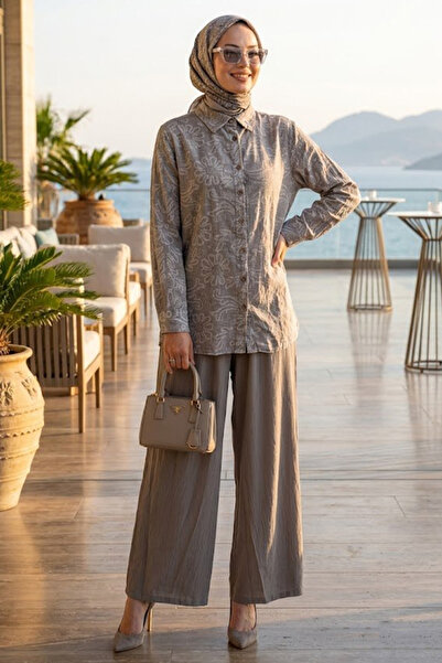 Neva Style Patterned Buttoned Gray Linen Hijab Suit 32104Gr