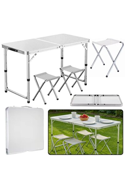 LEAN Set turistic pliabil, masă albă 120x60x66cm, 4 scaune argintii, dimensiu...