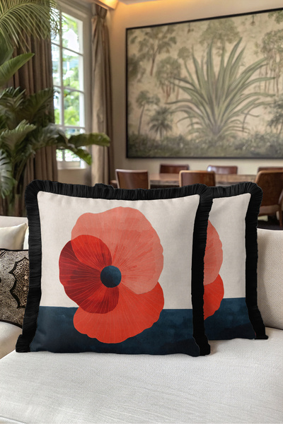Evimde Bambaşka Elegant Fringed Pillowcase with Floral Motifs - Abstract Flor...