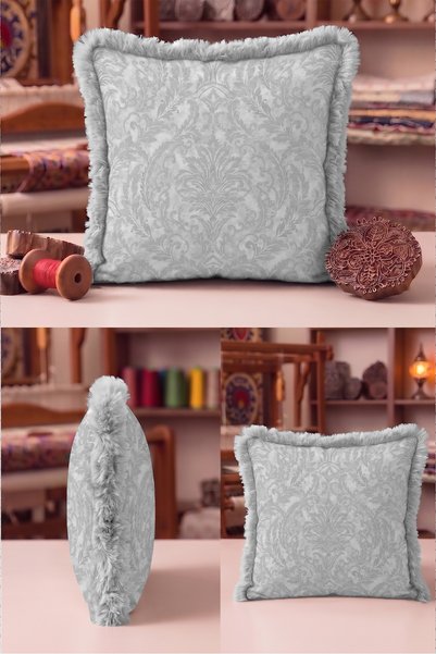 Evimde Bambaşka Damask Avant-Garde Classic Motif Fringed Pillowcase - Elegant Palace Cream Gray Tasseled Throw Pillow Cover