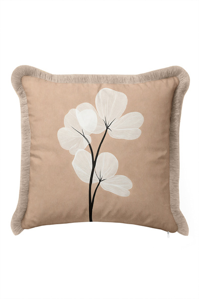 Evimde Bambaşka Floral Orchid Pattern Fringed Pillowcase - Botanical Powder C...