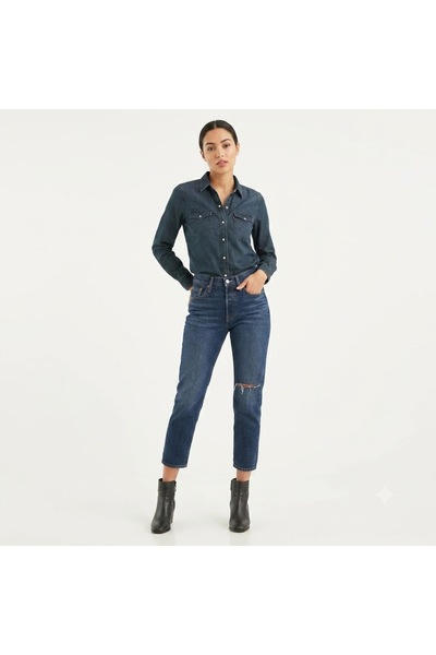 Levi's 501 Cotton High Waist Straight Fit Short Leg Jeans - with Ripped Detai...