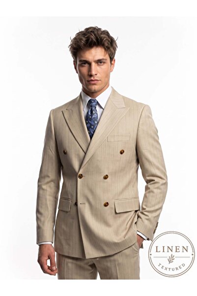 HERMOSE Signature |   Sand Color Linen Textured Double-Breasted Suit