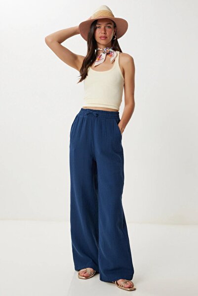 TENA Women's Navy Blue Elastic Waist Wide Leg Muslin Trousers