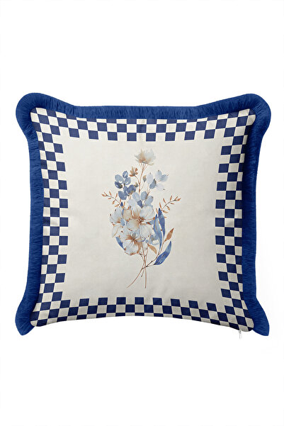 Evimde Bambaşka Blue Floral Plaid Framed Fringed Pillowcase - Botanical Ecru ...