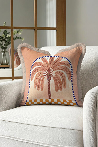 Evimde Bambaşka Bohemian Tropical Palm Motif Fringed Pillowcase - Exotic Isla...
