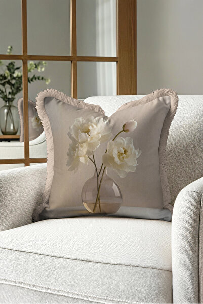 Evimde Bambaşka Floral Vase Motif Fringed Pillowcase - Naturalist Floral Ecru...