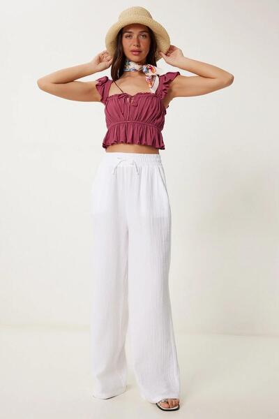 TENA Women's Ecru Elastic Waist Wide Leg Muslin Trousers