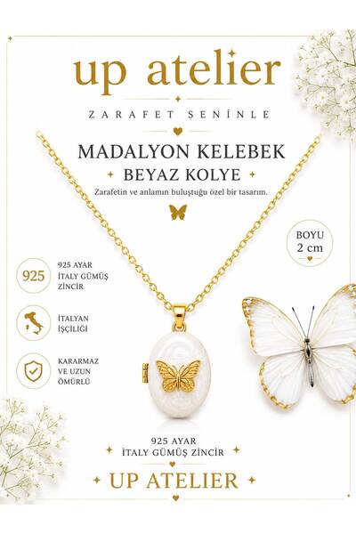 Up Atelier 925 Ayar Gümüş İthal Zincirli Beyaz Sedefli Gold Kelebek Madalyon ...