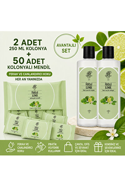 Rebul Lime 2x250 ml Cam Şişeli Kolonya + 50 Adet Lime Kolonyalı Mendil Avanta...