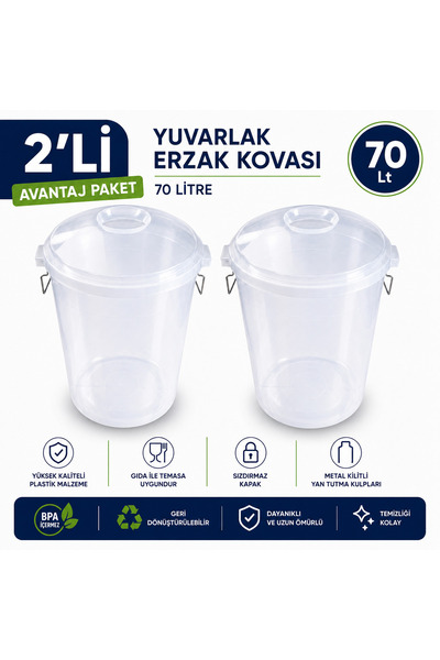 LİDERAMBALAJ07 2'li Avantaj Paket 70 Litre Bakliyat Kovası Şeffaf Kapaklı Kil...