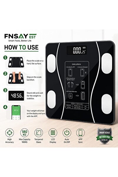 FNSAY ميزان رقمي فائق النحافة لقياس وزن الجسم مع شاشة LCD، سعة 180 كجم |   زجاج مقسى، تشغيل/إيقاف تلقائي، للاستخدام المنزلي والرياضي، دقة عالية، إلكتروني