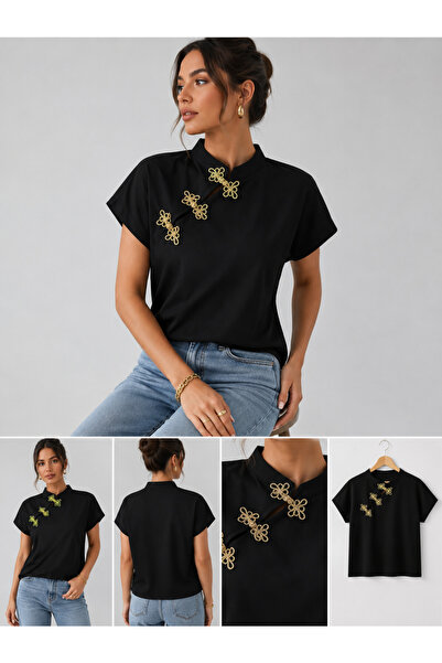 Siyah Gold Düğüm Detaylı Bluz – Modern Asya Esintili Şık Tasarım