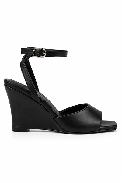 Sira Official Julia Black Genuine Leather Ankle Strap Wedge Heeled Shoes