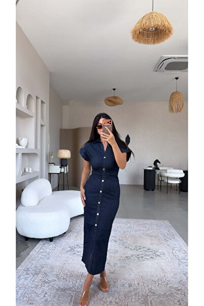 Buket Teke Navy Blue Lycra Premium Jean Dress