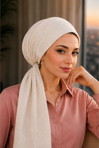Aişe tesettür Mesh Patterned Ecru Scarf Bonnet