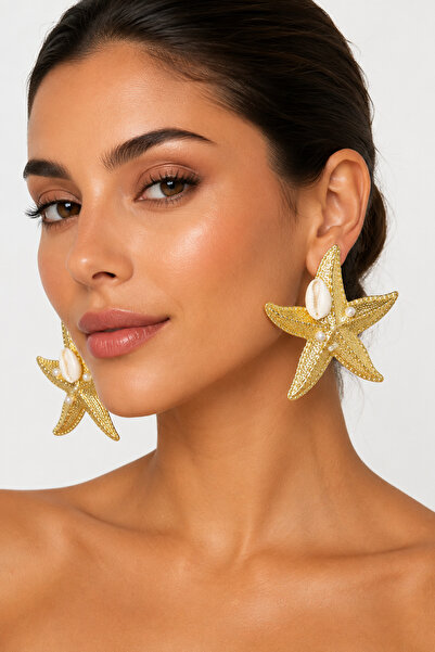 synshop Gold Color Starfish Earrings with Shell and Pearl Detail Large Women'...