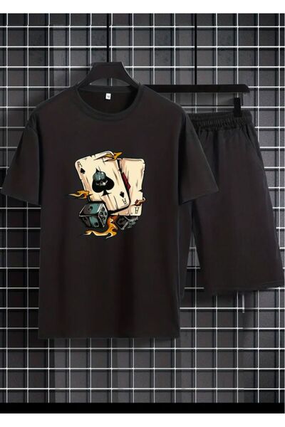 LUMSHİNE Zar Printed T-Shirt Shorts Loose Fit Comfortable Fit Black Bottom Bl...