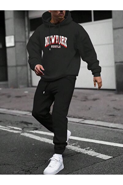 Boi New York Hustle Tracksuit - Black Printed Suit Jogger Sweatshirt Elastic ...