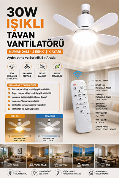 NEWSTORE HOME 30W Işıklı Tavan Vantilatörü Kumandalı LED Ampul E27 Duy 5 Kana...
