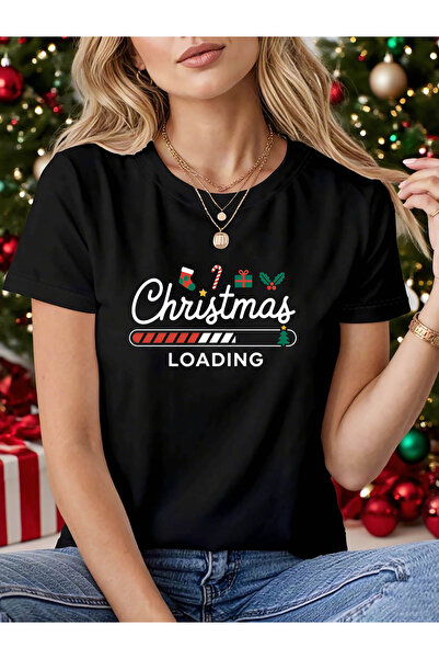 12 HERTZ Women's Christmas Loading Letter Print T-Shirt - Short Sleeve Crew N...