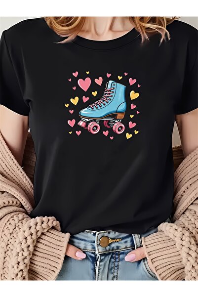 LİNA06 تي شيرت نسائي مطبوع عليه "Love Heart Roller Skates" بتصميم ريترو، تي ش...