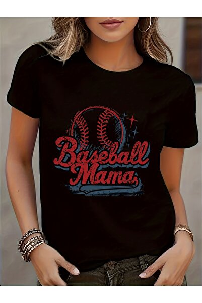 NOURAM تي شيرت نسائي بطباعة "Baseball Mama" - تي شيرت أسود غير رسمي برقبة دائ...
