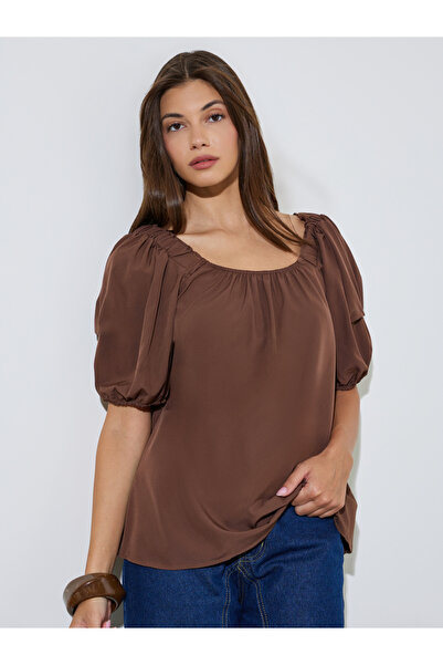 Styli Brown Solid Puff Sleeve Blouse
