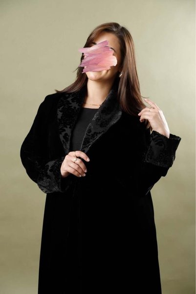 Anaqa Abaya Black Velvet Abaya with Printed Chiffon and Lining.