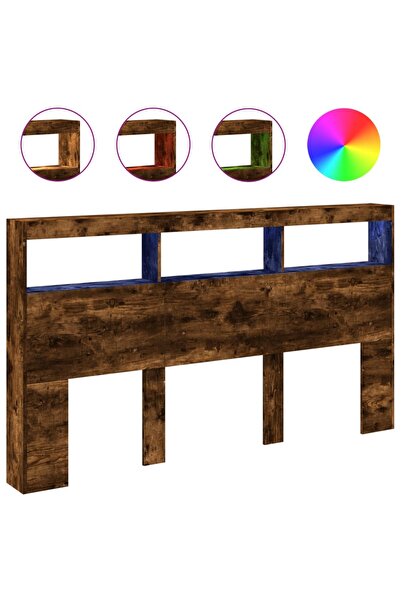 vidaxl Tăblie de pat cu dulap și LED, stejar fumuriu, 180x17x102 cm
