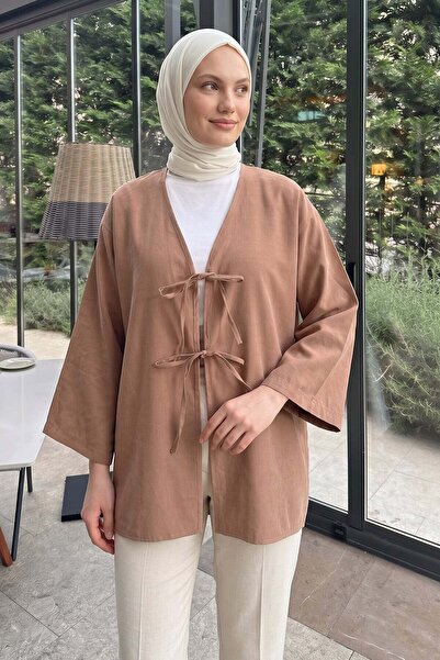 Salih Çelebi Double Lace-Up Long Kimono 262353- Camel