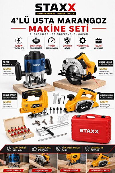 STAXX POWER 4'lü Usta Marangoz Makine Seti Freze Formika + Daire Testere + De...