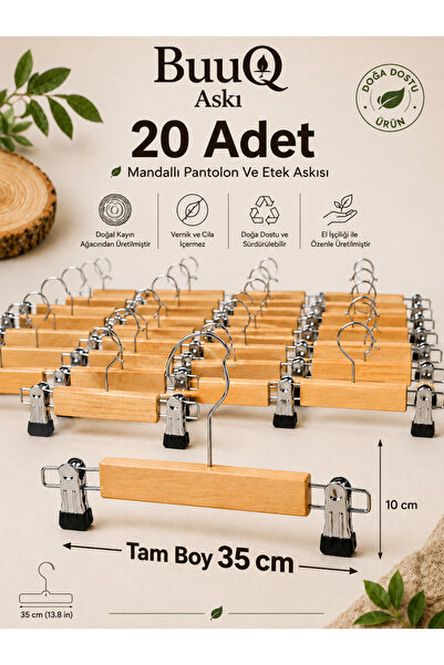 BuuQ Design 20 Adet Ahşap Mandallı Etek Pantolon Askısı 1. Kalite Premium Man...
