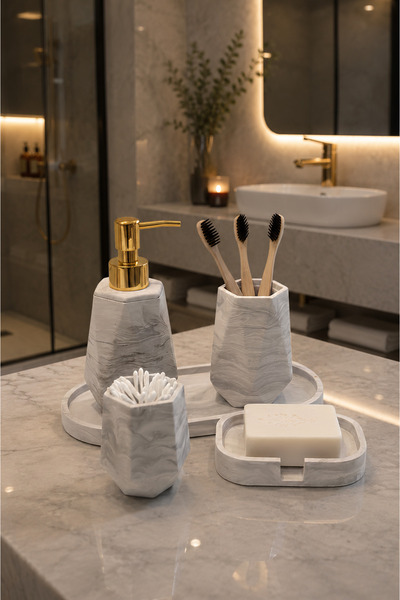 Lyzovi 5 Parça Mermer Desenli Lüks Banyo Seti | Sabunluk, Fırçalık, Kulaklık ...