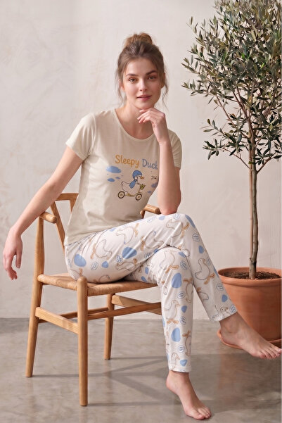 Farya Home Likralı Ördek Desenli Kısa Kollu Yazlık Rahat ve Esnek Pijama Takımı