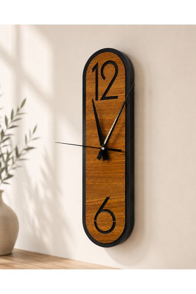 karbonsoft Ceas de perete silențios modern, din lemn, de culoare nuc, cu model și ramă neagră 40 × 11 cm