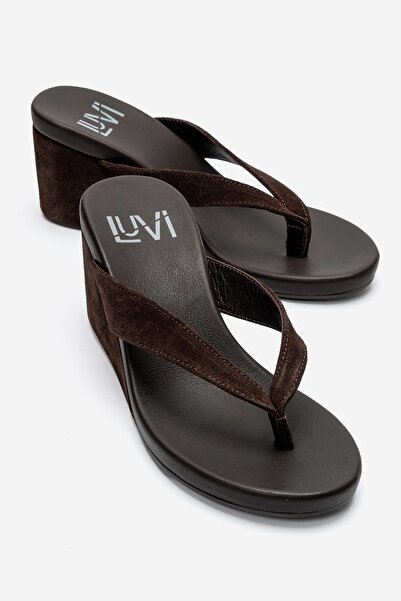 LuviShoes Pryon Brown Suede Genuine Leather Women's Flip-Flop Wedge Heeled Sl...