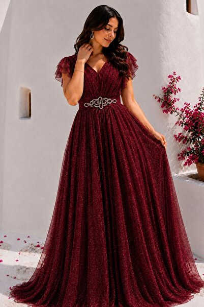HİRAMİR Kadın Büyük Beden Taş Kemer Detaylı Abiye Elbise YZ2738
