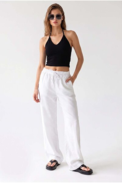 Mixray 4953 Women's Comfortable Cut Elastic Waist Palazzo Trousers White