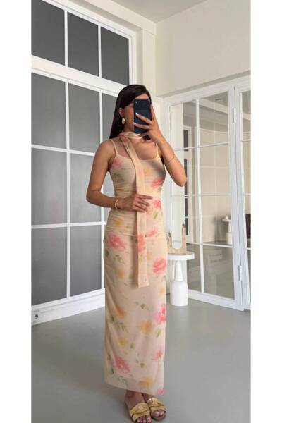 MAESTRO WOMAN Women's Beige Floral Scarf Long Tulle Dress with Drawstring Straps