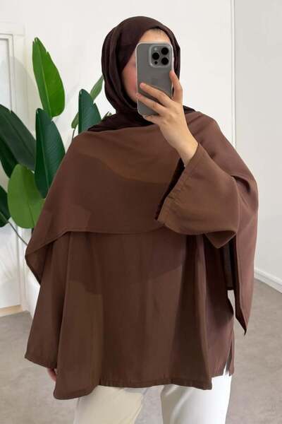 Miraydın Butik بلوزة نسائية بتفاصيل شال وربطة خصر M61406 - بني
