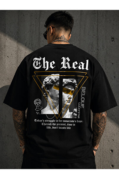 Modivibe Men's Black Oversize the Real Back Print 30/2 Single Jersey 100% Cot...