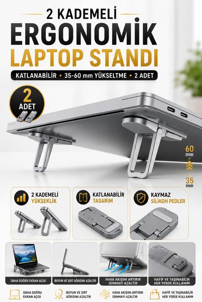 Hane Dostu 2 Parça Gri Laptop Standı 2 Kademeli Yükseltici Katlanabilir Noteb...