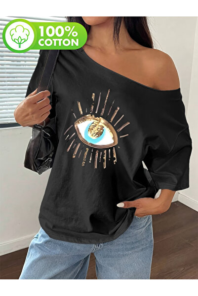 OVER HEAD Tricou de damă cu imprimeu cu ochi, cu gât barcă și umeri goi, 100%...